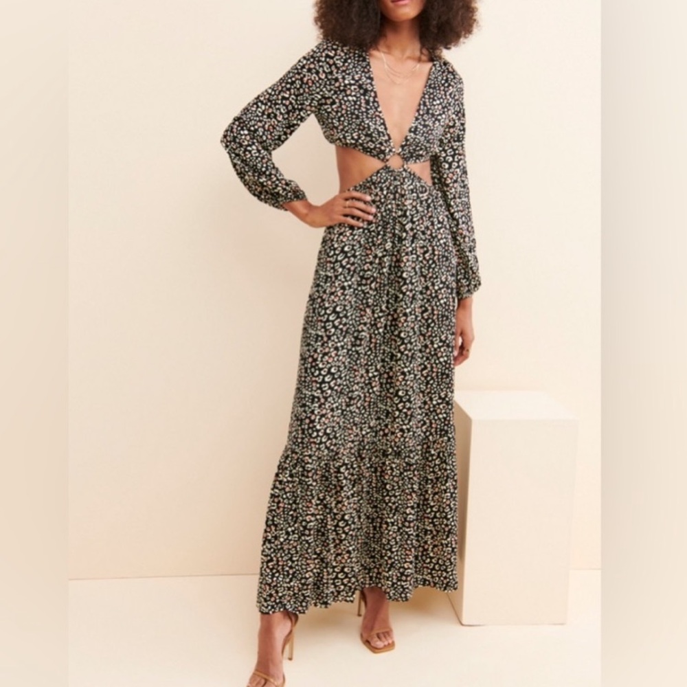 BTFL-life Abstract Animal Print Cutout Waist Long Sleeve Dress